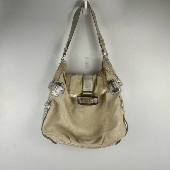VTG Y2K Guess Shoulder Bag Slouchy Monogram Beige Studded Cyber 2000s Hobo - Picture 1 of 12